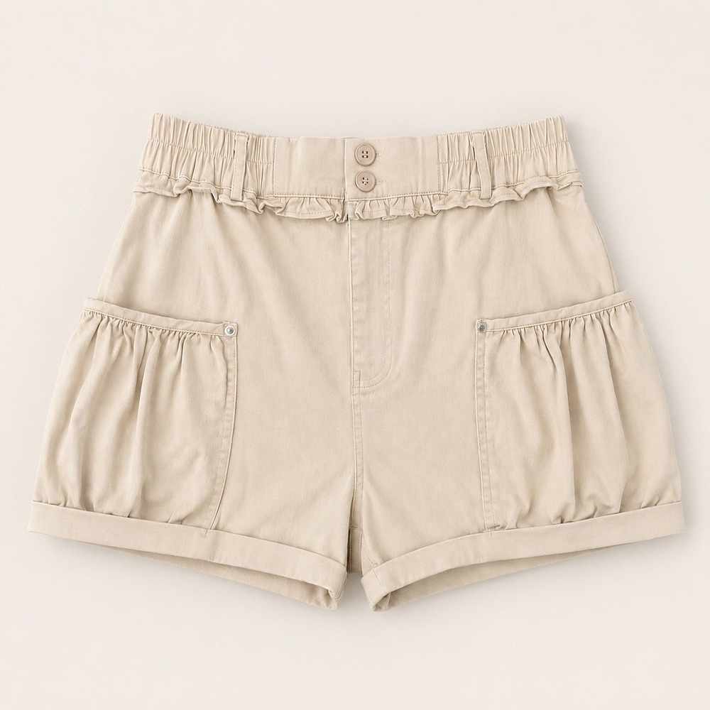 Paperbag Waist Tan Utility Cargo Shorts (SM) High Rise Cuffed Safari Beige Khaki
